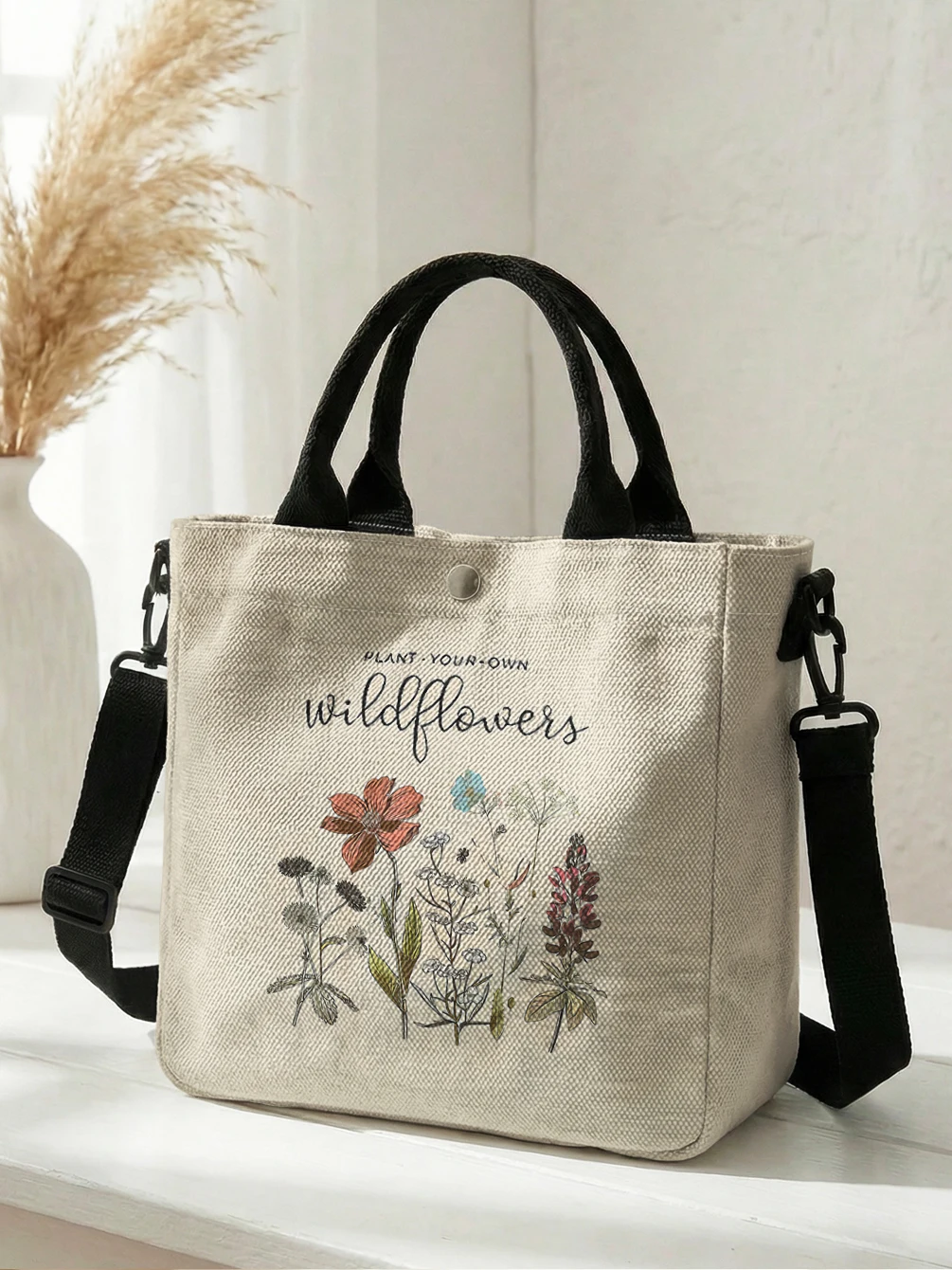 Plant Your Own Wildflowers Letter Floral Canvas Tote Bag Detachable Strap Crossbody Handbag For Women Daily Shopping