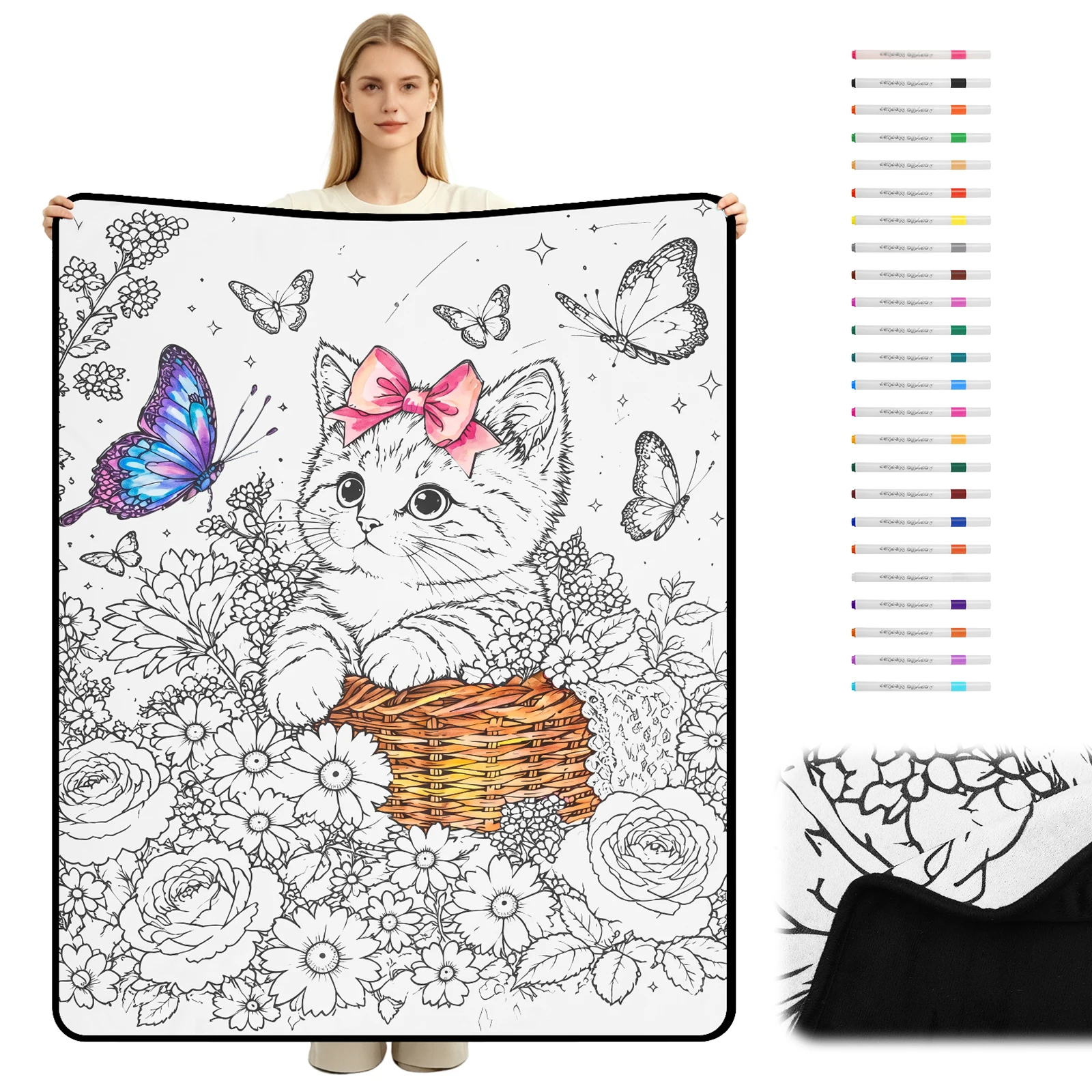 DIY Coloring Blanket with 24 Colored Markers Soft Skin Friendly Creative Blanket Stress Relief Unique Paint art Decor Gift