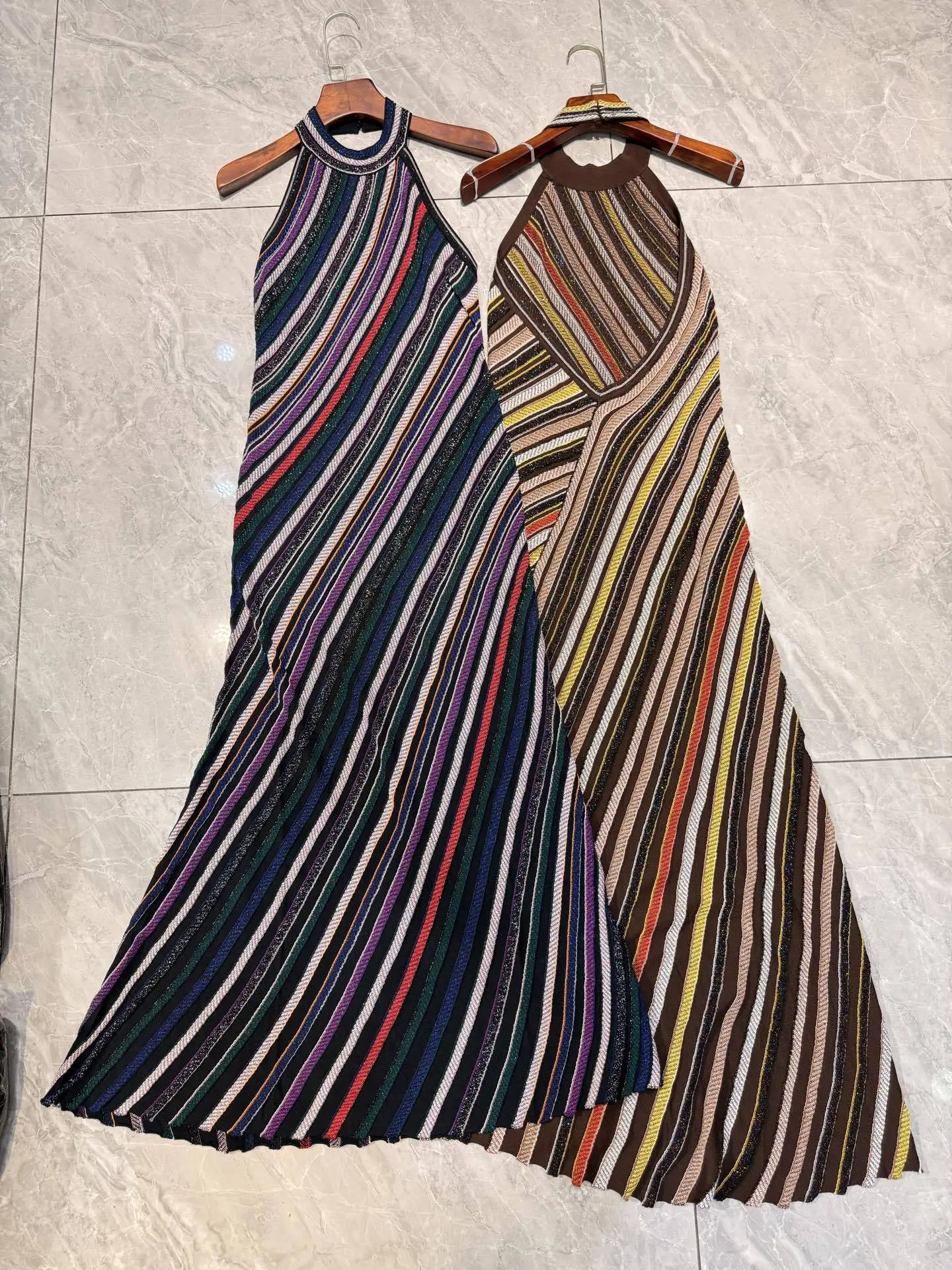 

Metallic Striped Women Halter Neck Maxi Dress Autumn Sleeveless High Waist Vintage Slim Robe
