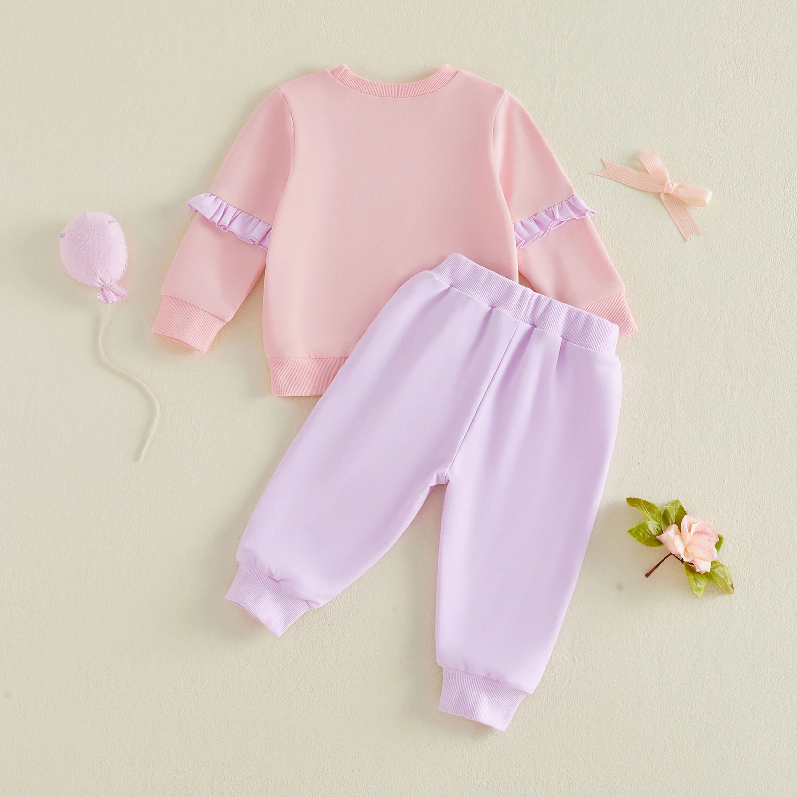 1-5Y Toddler Baby Girl Fall Outfits Casual Bow Pattern Ruffled Trim Crew Neck Long Sleeve Sweatshirt Tops Pants 2 Pcs Set