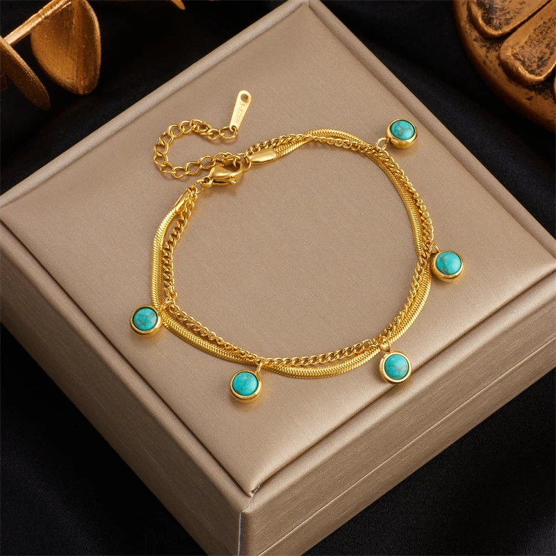 DIEYURO 316 Stainless Steel Green Stone 2-Layer Charm Bracelet For Women Fashion Rustproof Gold Color Wrist Jewelry Gift Pulsera - Image 4