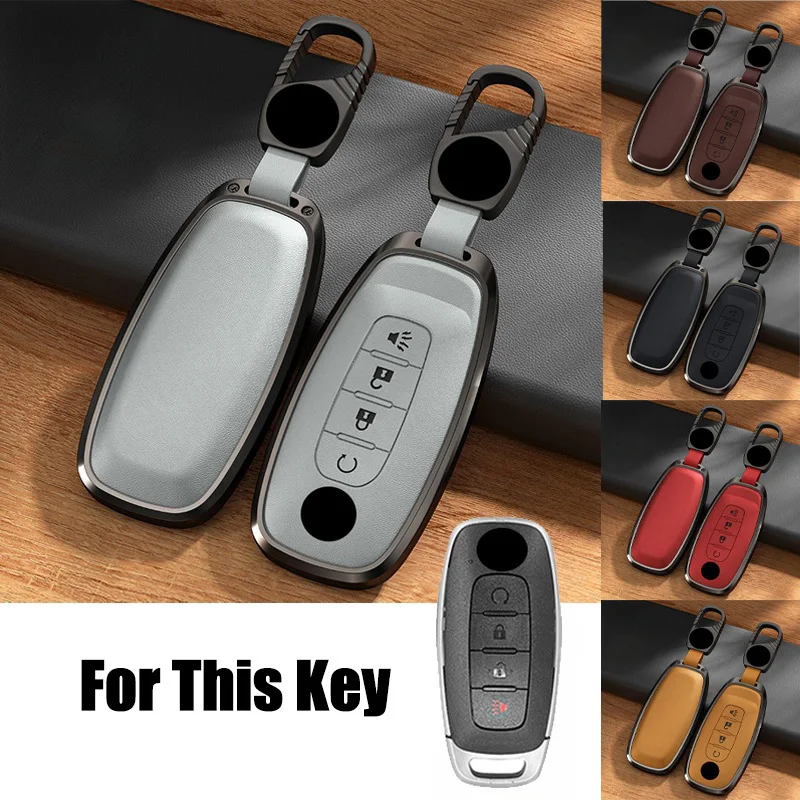 Aluminum Alloy Leather Car Smart Key Fob Case Cover Holder Bag With Keychain For Nissan Rogue Kicks Ariya Pathfinder