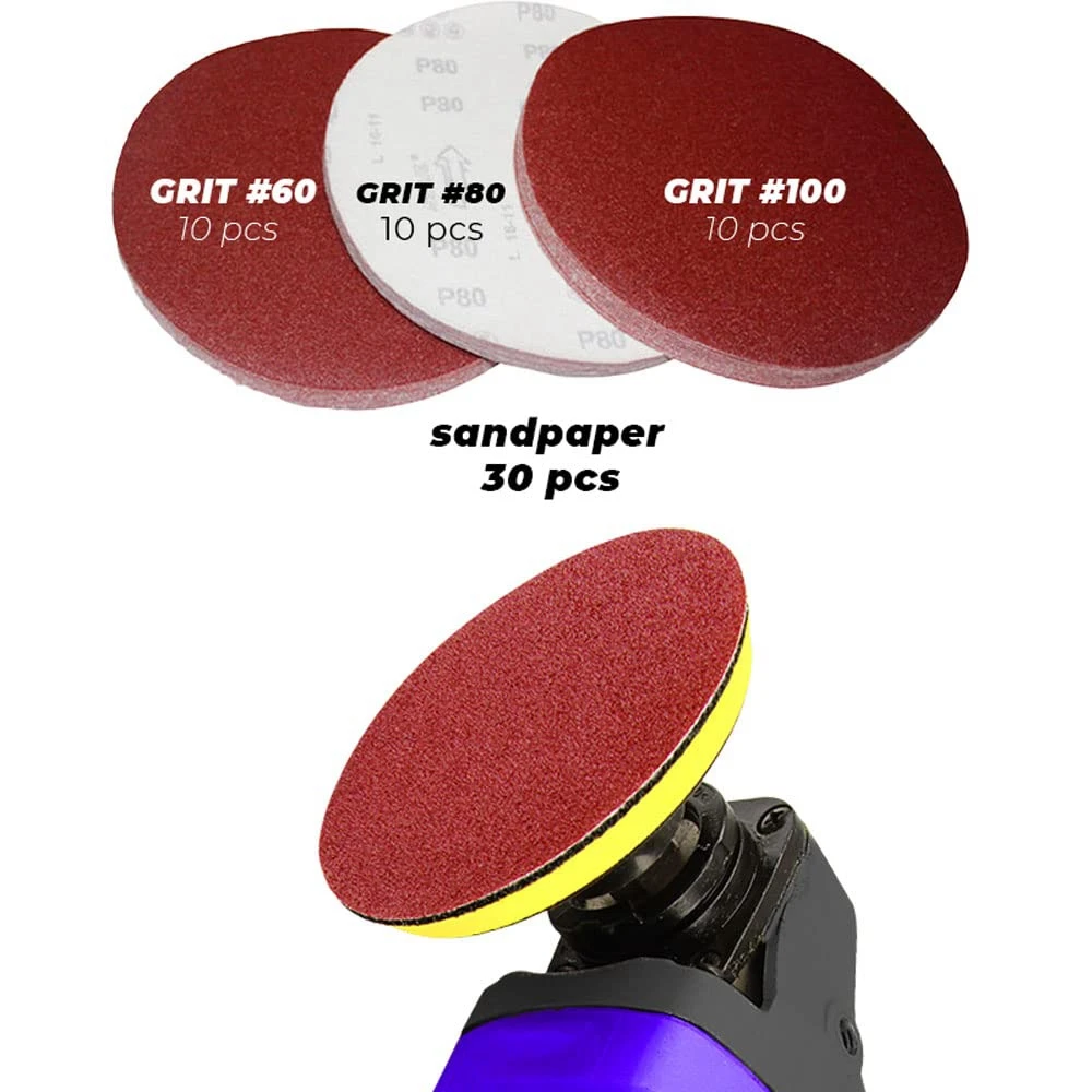 Attacco per levigatura con punta da trapano da 30 pezzi carta vetrata Set di cuscinetti posteriori da 60/80/100 e 5 pollici, disco per grillo elettrico, con Pad