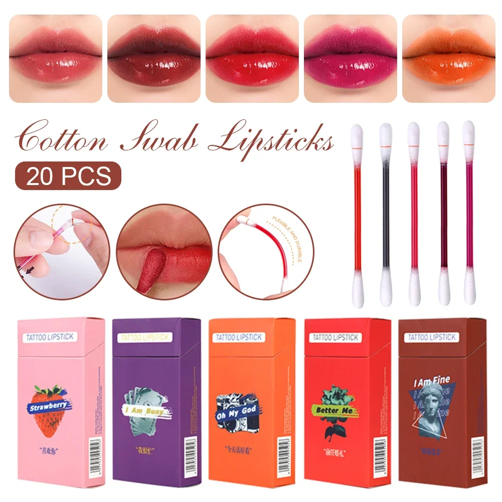 20pcs/box Cotton Swab Lipsticks Set Waterproof Non-Sticky Tattoo Cigarette Lipgloss Long Lasting Lips Stain Disposable Lipstick