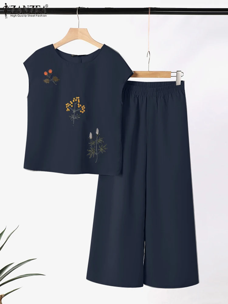 ZANZEA 2024 Summer Short Sleeve Embroidery Blouse Trousers Suits 2PCS Summer Women Matching Sets Elegant OL Wide Leg Pant Sets