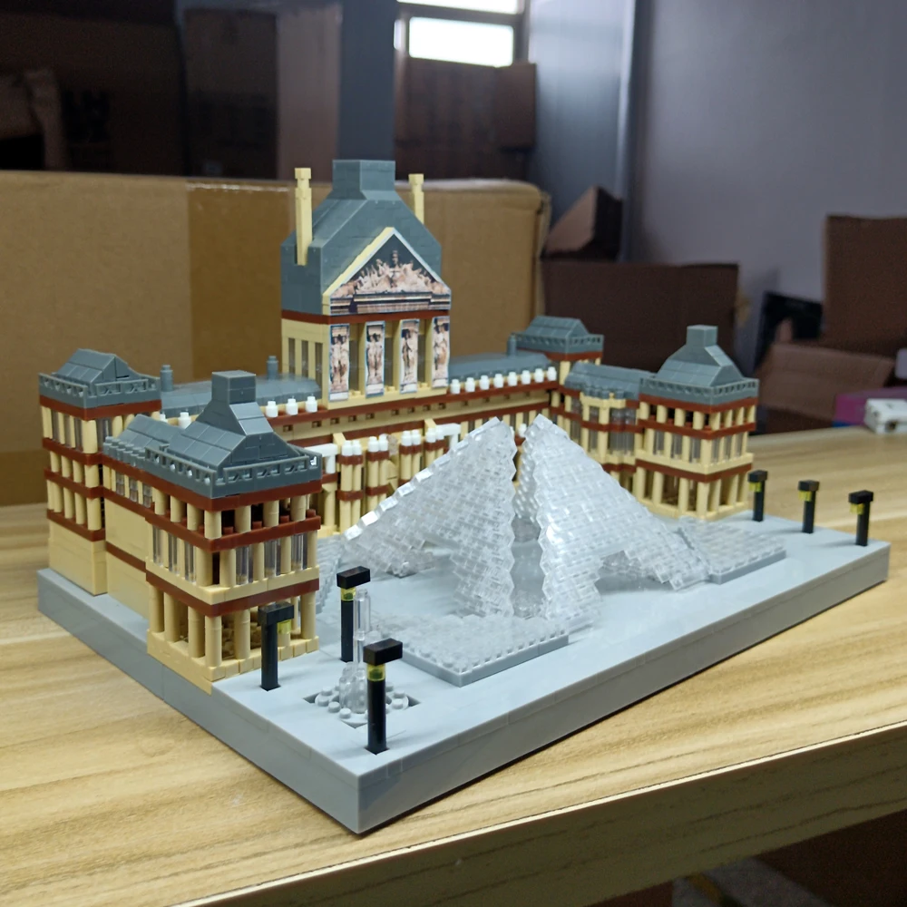 3D Model DIY Mini Diamond Blocks Bricks Building World Architecture Paris Louvre Museum Fountain Square Toy for Children