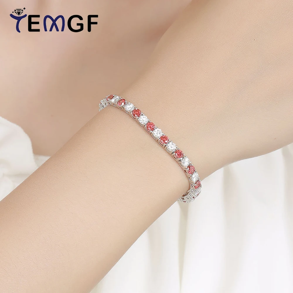 

TEMGF 925 Sterling Silver Bracelet Colorful Real Moissanite Inlay GRA Certification for Women Fine Jewelry Trendy Sparkling Gift