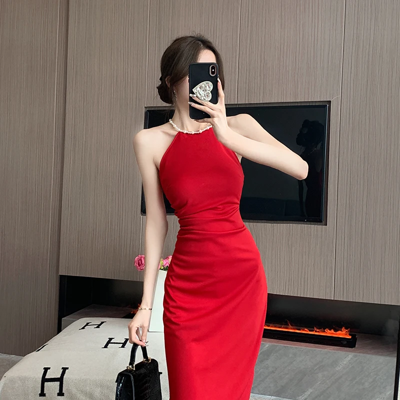 Elegant Sexy Women Dresses Necklace Hanging Neck Sleeveless Off-the-shoulder Dress 2023 Summer Slim Bodycon Party Dress