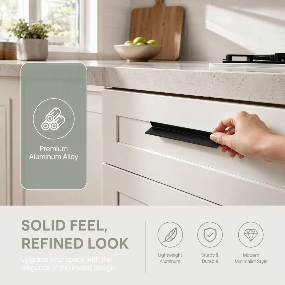 10pcs Modern Aluminium Alloy Cabinet Edge Pulls Black Concealed Mount Drawer Pull Handles Finger Pull Door Handles Kitchen