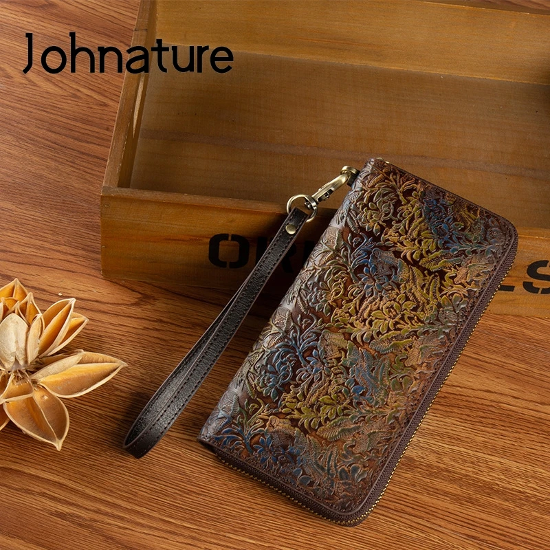 Johnature Genuine Leather Women Large Clutch Wallet Hand Bag Retro Multi Card Holder Handmade Embossed Cowhide Female Purse