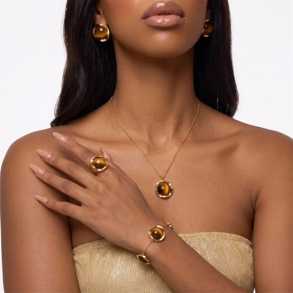 Trendy Oval Tiger Eye Stone Jewelry Set for Women Simple Vintage Style Necklace Bracelet Earrings Ring Combo Fashion Accessory