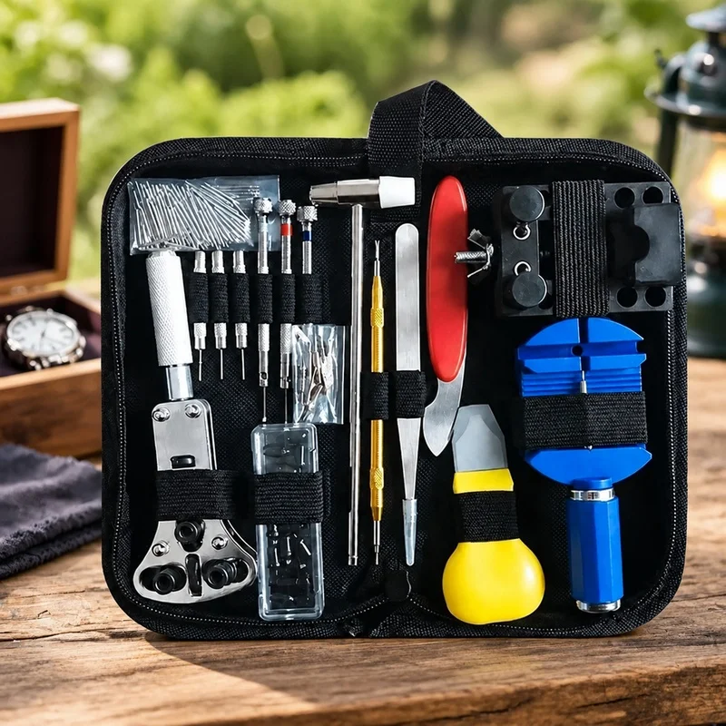 Complete 147-Piece Watch Maintenance Kit Including Case Opener, Precision Screwdrivers, Link Adjuster, and Compact Carrying