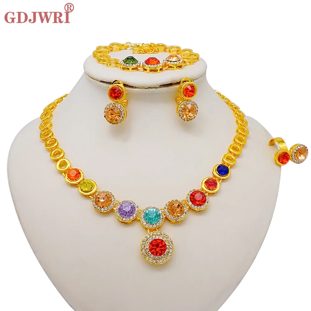Luxus Dubai Gold Farbe Doppels chicht Halskette Schmuck Sets für Frauen afrikanischen Wasser tropfen Kristalls chmuck indischen Set Geschenke – Detail 20