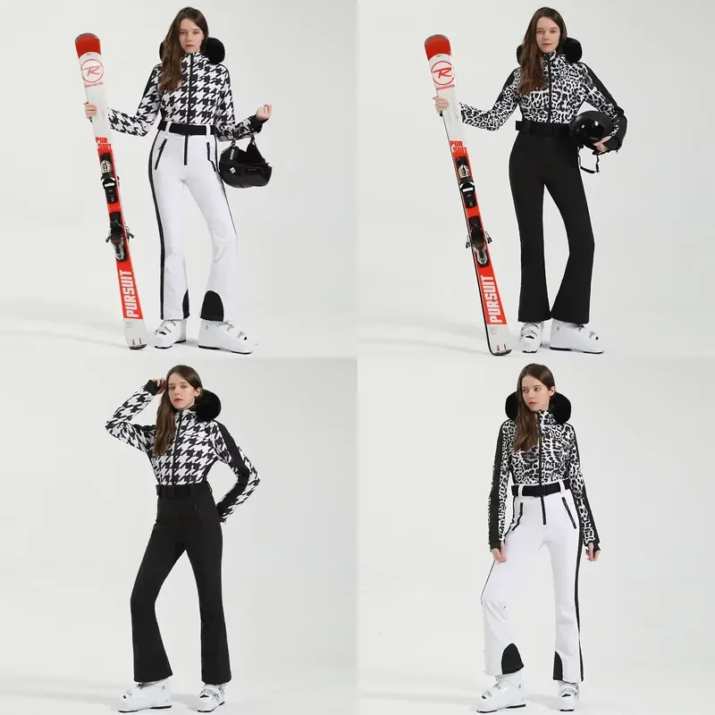 New Women's Hooded Zipper Ski Suit Set Double Board Waterproof Windproof Warm Snow Pants Professional One-piece Skiing Suit