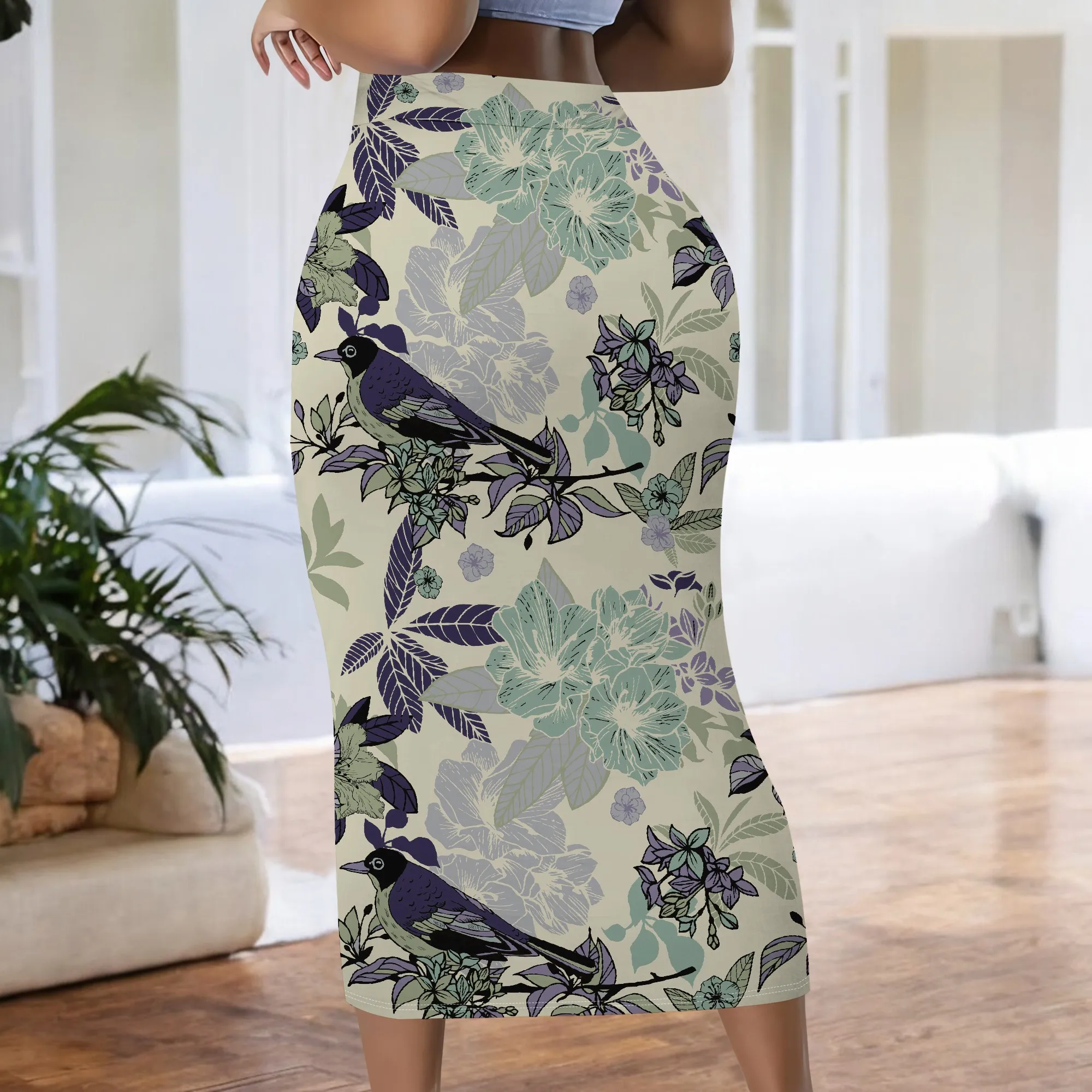 Blumen-Vogelmuster-Rock, Vintage Botanisches Muster, Eleganter Bleistiftschnitt, Damen Bürokleidung, Lässiger Party-Midirock, S-2XL – Detail 6