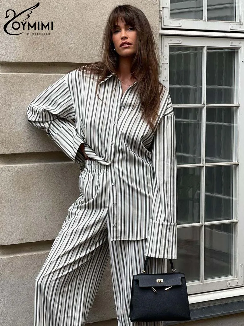 Oymimi Fashion Grey Striped Print Women Two Piece Set Casual Lapel Button Long Sleeve Shirts And Straight Full Length Pants Sets