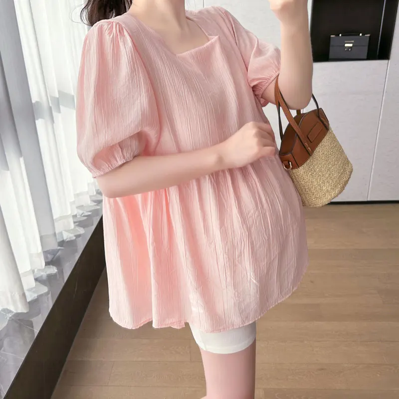 

Korean Style Summer Pregnant Women Clothes Set Solid Color Loose Chiffon Shirts Belly Shorts Two-piece Set Pregnancy Pants Suits