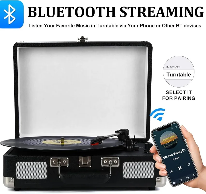 

Проигрыватель виниловых пластинок, 3-скоростной Bluetooth, портативный чемодан, проигрыватель пластинок с ременным приводом и 2 встроенными стереодинамиками, винил