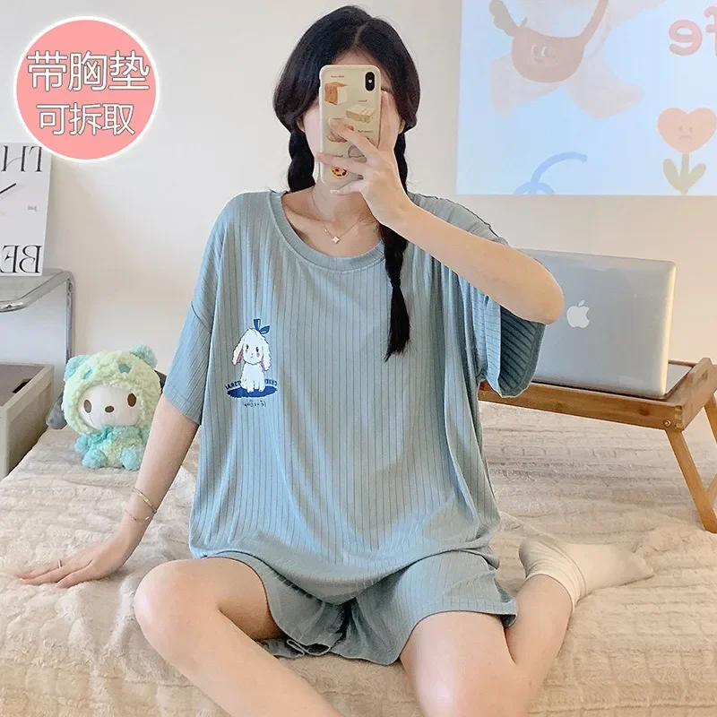 Women's Summer Large Size Pajamas Short Sleeve Shorts  Pant Homewear With Chest Pad Cute Cartoon Loose Loungewear Two Pieces Set