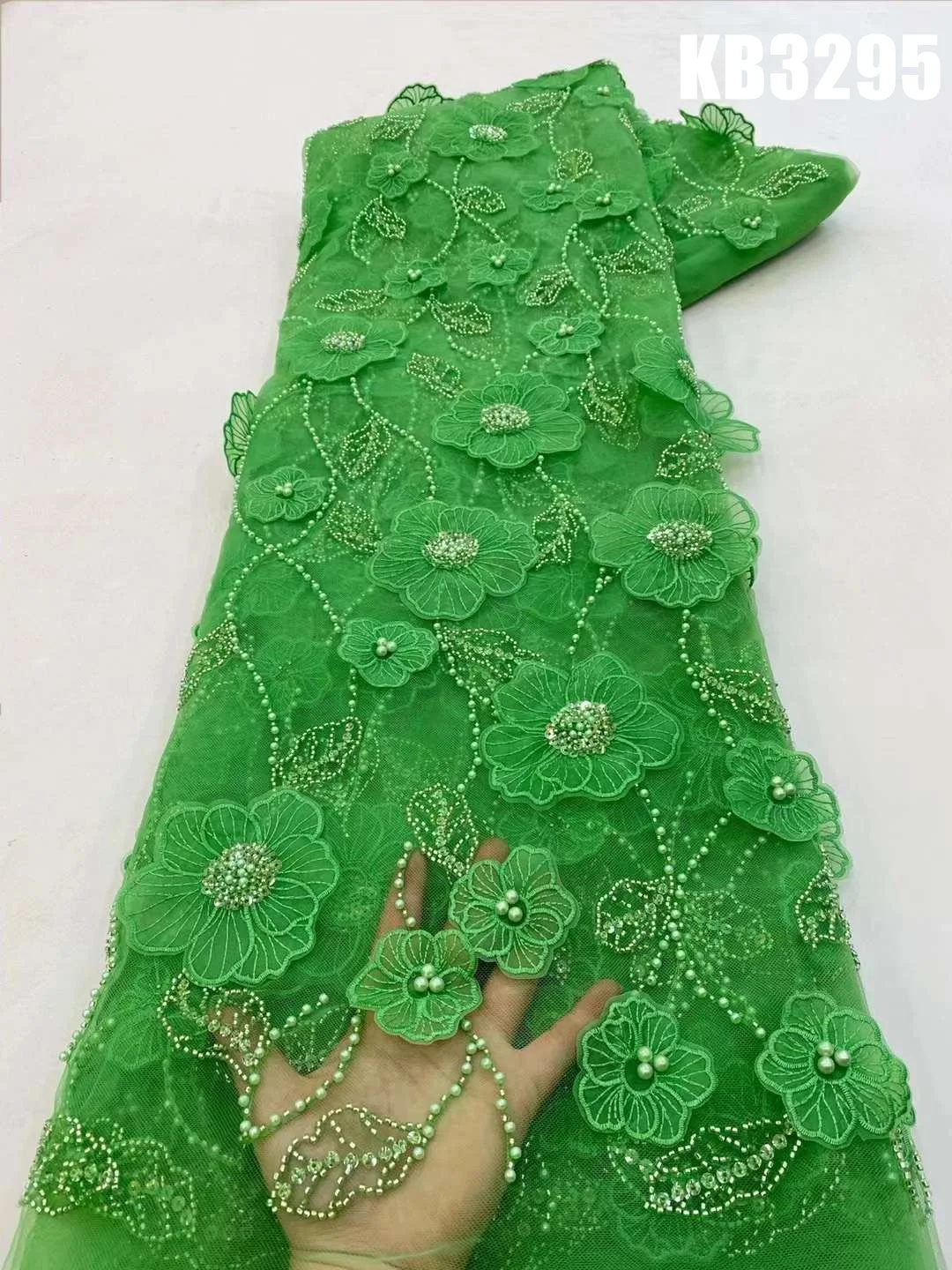 Green 3D Flower Beaded Lace Fabric Elegant Luxury Evening Dress 2024 African Lace Fabric With Beaded For Wedding Dress KB3295