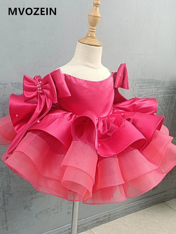 Mvozein Rose Girl Dress Puffy Satin Flower Girl Dresses Wedding Party Dress Pearl Girl's Dress Cute Baby Girl Dress Kid Dress