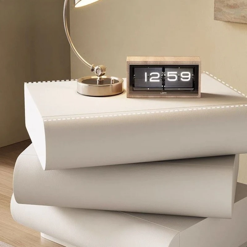 طاولة بجانب السرير مصنوعة من الجلد وحديثة وبسيطة بثلاث دلاء على شكل كريم إيطالي #3