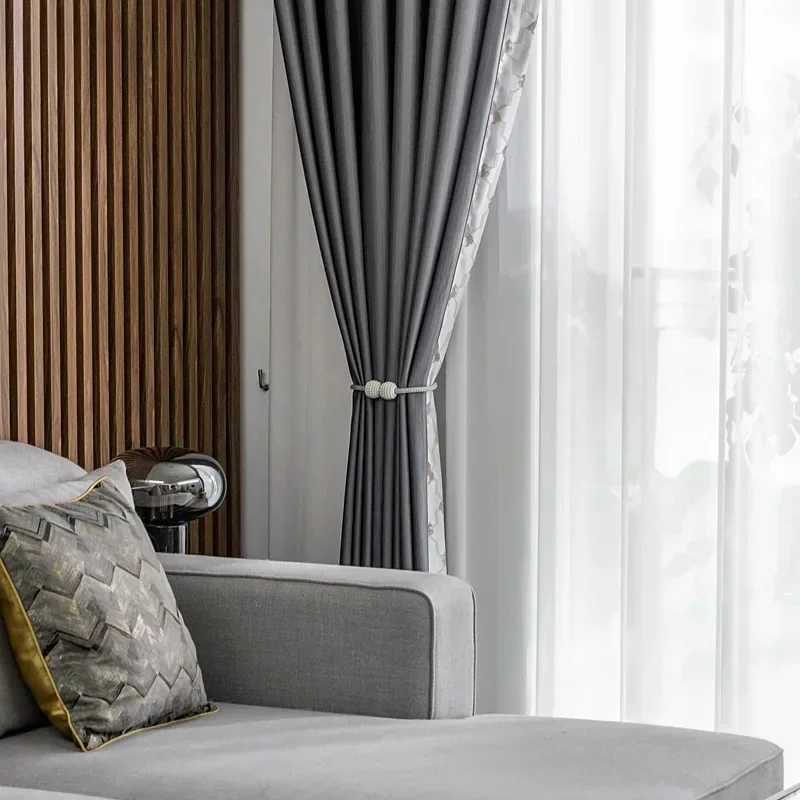 

Curtains for Living Dining Room Bedroom Full Blackout Vertical Grain Bay Window Simple Solid Sunscreen Curtain Customize