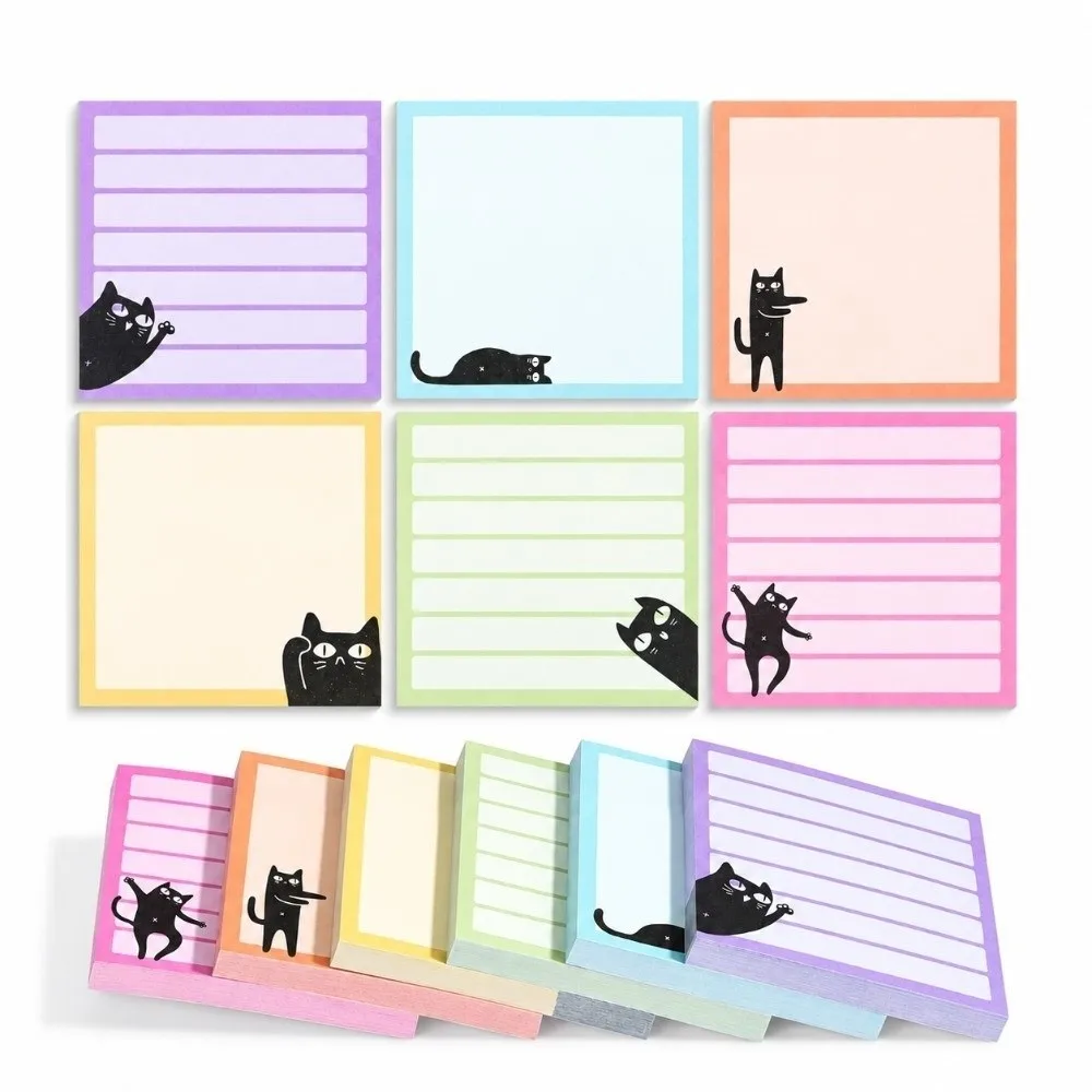 9pcs Set Black Cat Sticky Notes Macaron Style Random Patterns Self-Stick Note Pad Sticky Backing Colorful Page Markers Student