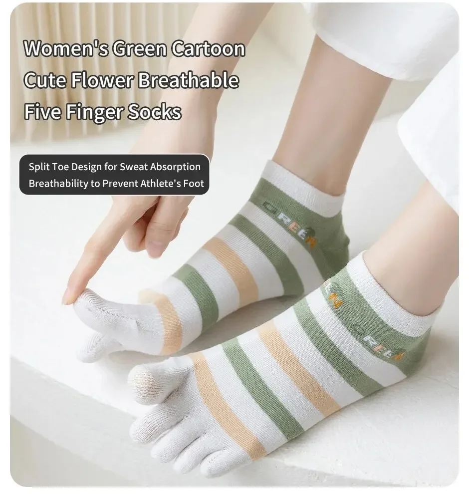 6 Paare/los Kawaii Nette Fünf Finger Socken Frauen Sommer Dünne Söckchen mit Separaten Finger Baumwolle Floral Grün Zehen Socken – Detail 2