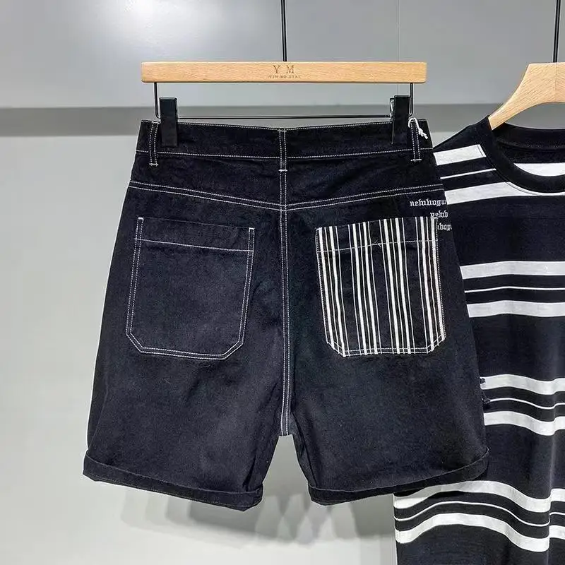 Men Clothing Striped Patchwork Color Denim Shorts Men Summer New Japanese Fashion Cargo Five Quarter Pants Loose Straight Pants