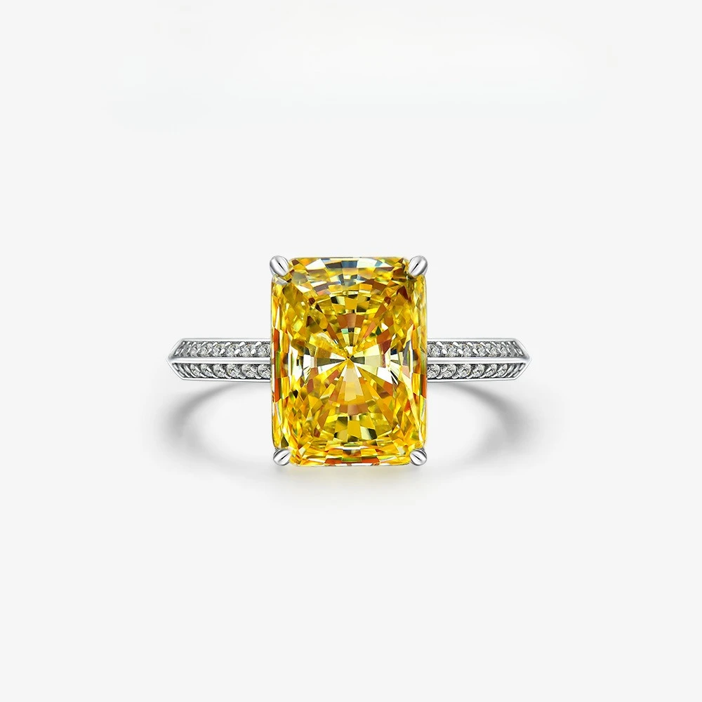 New 925 Sterling Silver High Carbon Diamond Ring for Women, 9.5carat Light Luxury Rectangular 9 * 12 Yellow Wedding Jewelry
