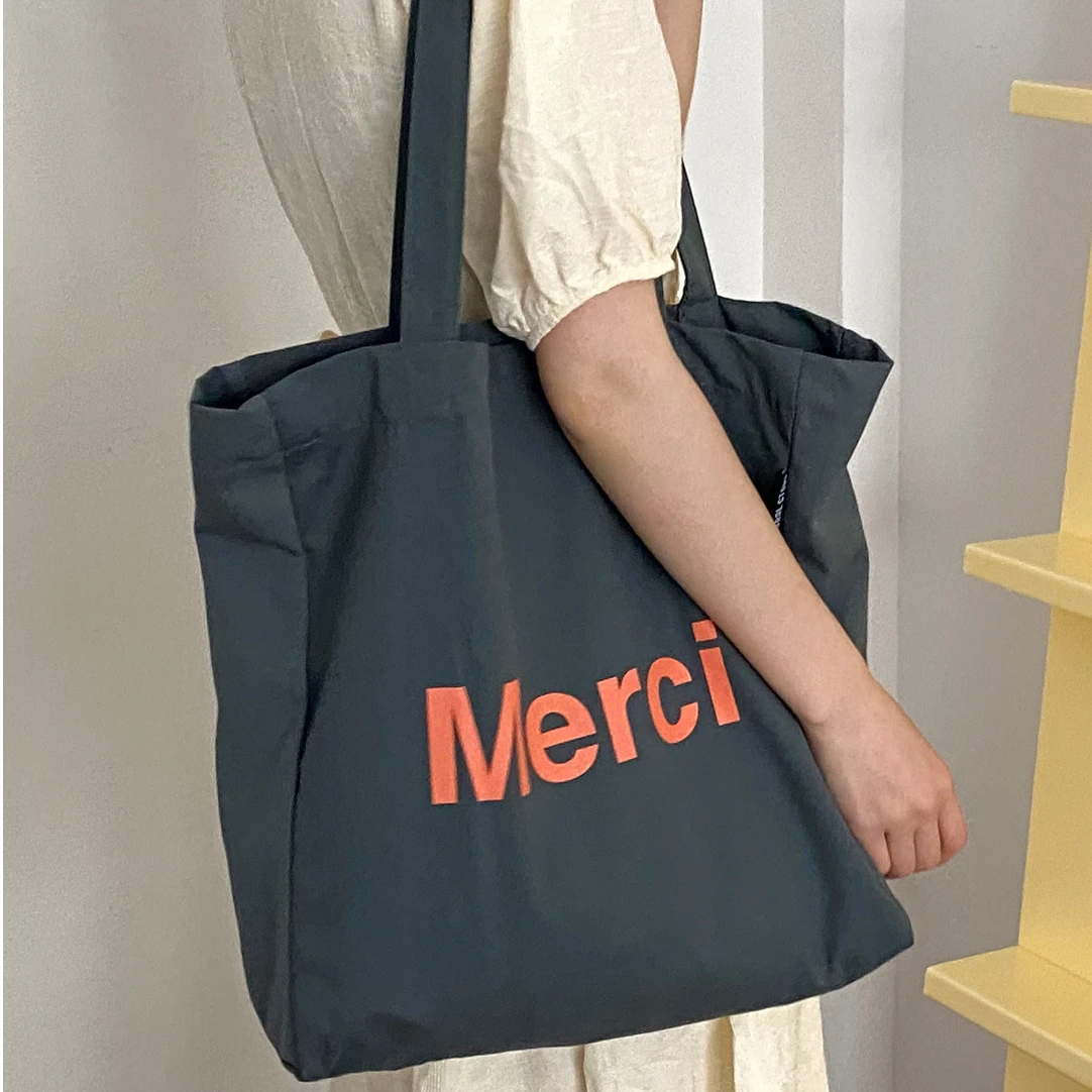 Merci Women Big Canvas Shoulder Bags French Print Eco Friendly Grocery Shopping Bag Cotton Cloth Handbag Casual Tote For Ladies