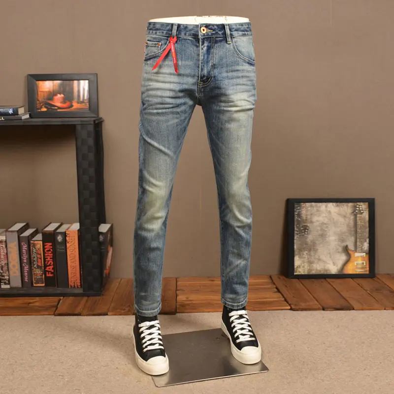 Jeans da uomo di moda High Street retro blue stretch slim fit jeans with straps da uomo patchwork designer pencil pants