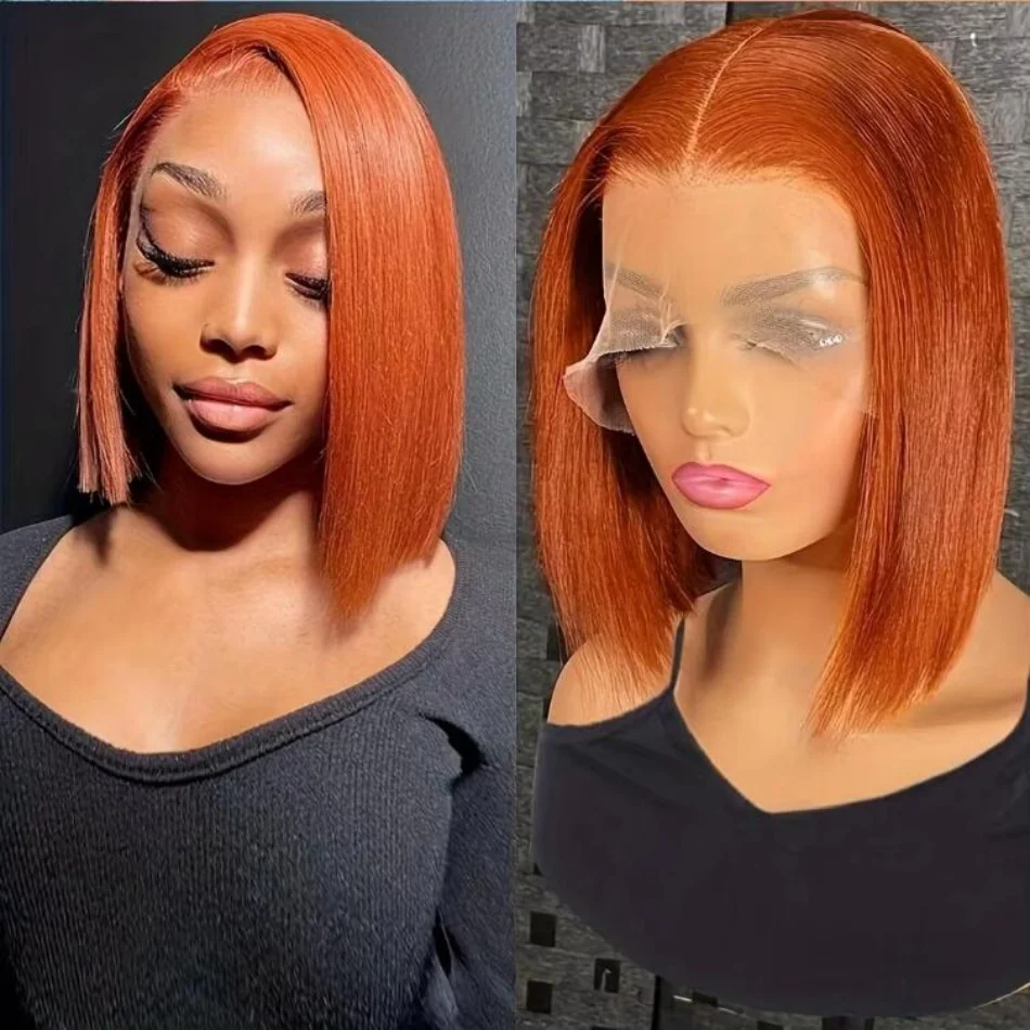 13x4 الدانتيل الجبهة قصيرة بوب شعر مستعار 350 الزنجبيل البرتقالي اللون مستقيم شفاف الدانتيل الباروكات الأمامية الشعر البشري للمرأة السوداء 10 بوصة