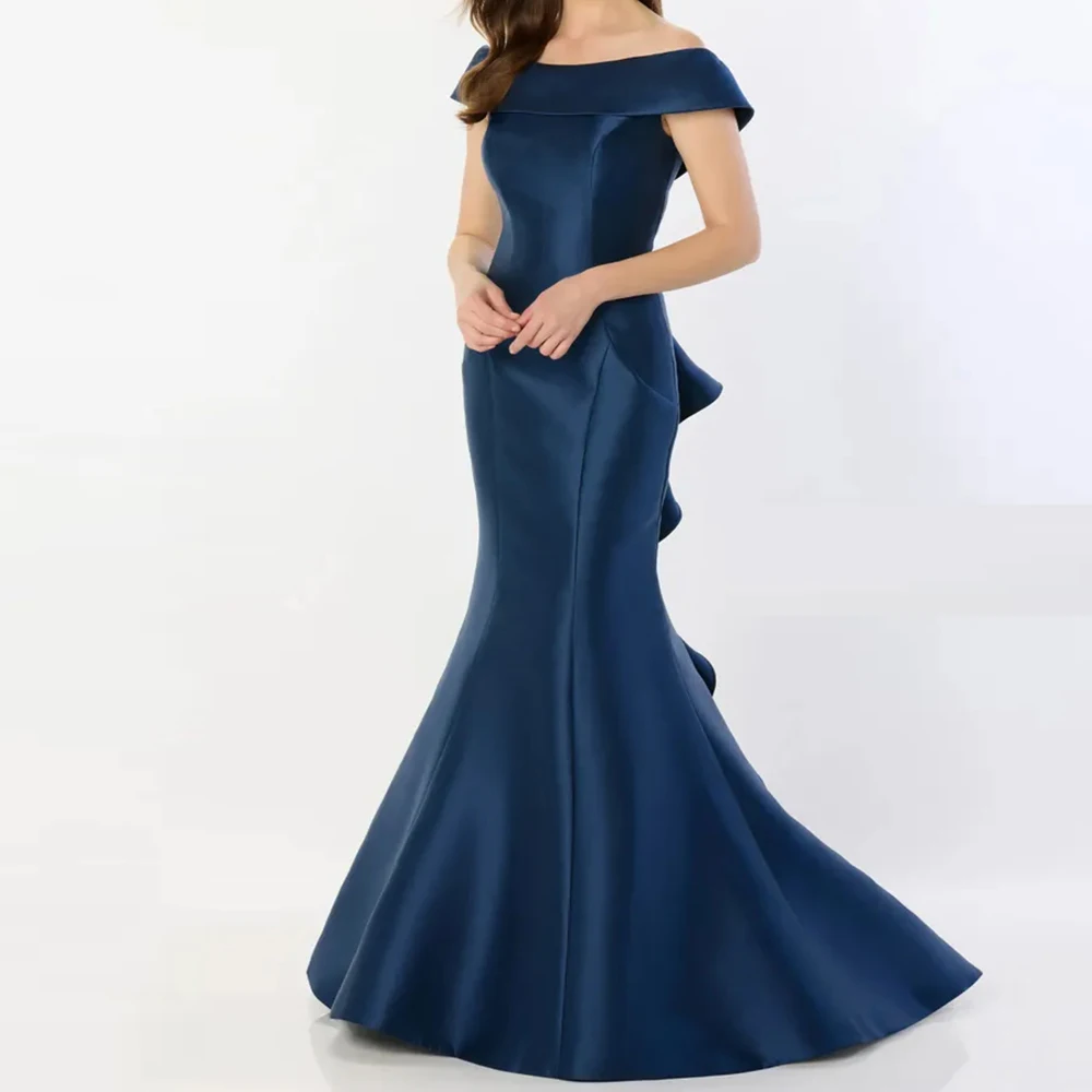 

Boat Neck Satin Mermaid Exquisite Floor Length Backless Tiered Sweep Train Zipper Back Evening DressBespoke Occasion Gowns