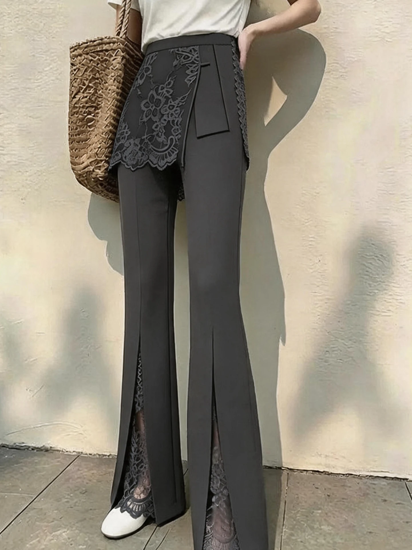 Casual Lace Splicing Micro Flared Trousers Women's Summer New Style Age Reduction Slimming Casual Flared Pants High Waist Zip...