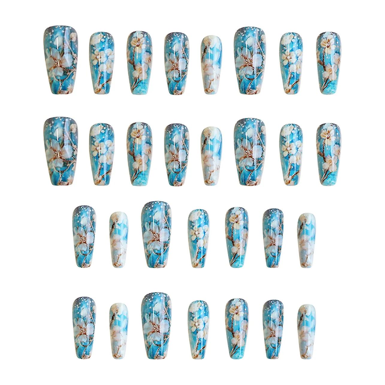 24 pièces Style chinois bleu Orange abricot fleur presse sur ongles fleur manucure portable ongles pour femmes et filles faux ongles