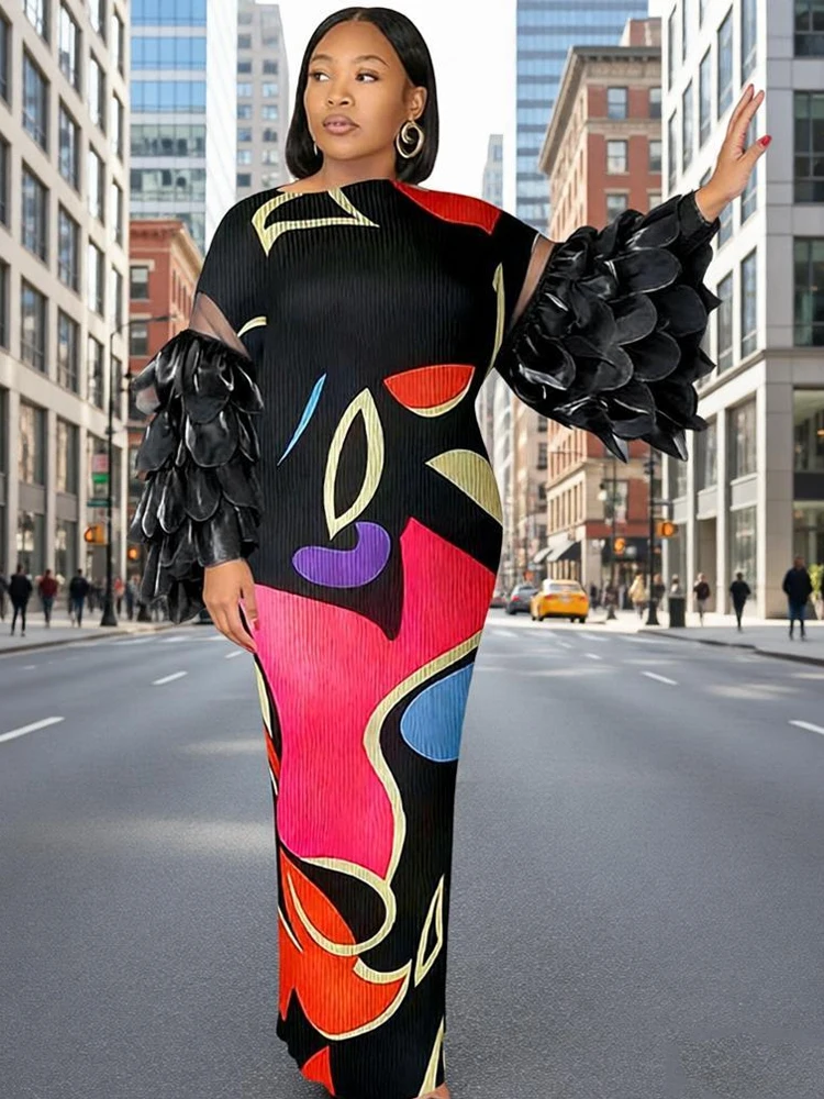Plus Size Dresses Fashionable Women Abstract Print Long Maxi Dress Elegant Flared Feather Sleeve Flowy Summer Dress view 6