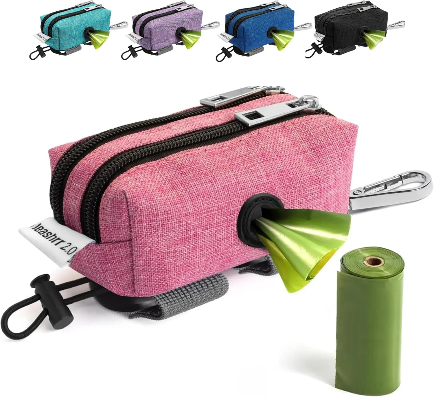 

Dog Poop Bag Holder for Leashes with 2 Waterproof Pouches and Free Roll - Pink