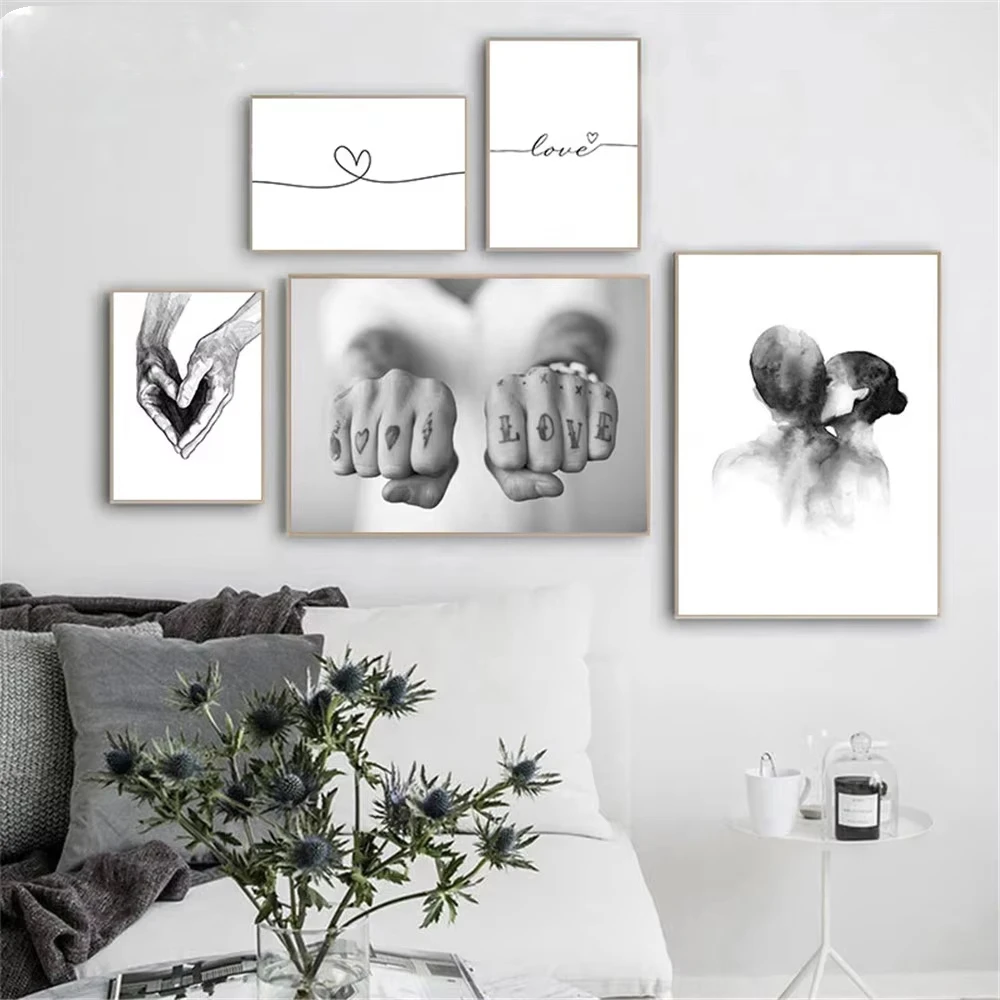 Black and White Wall Art Canvas Painting Couple Hand Painting Abstract Love Poster Printmaking Nordic Living Room Decoration