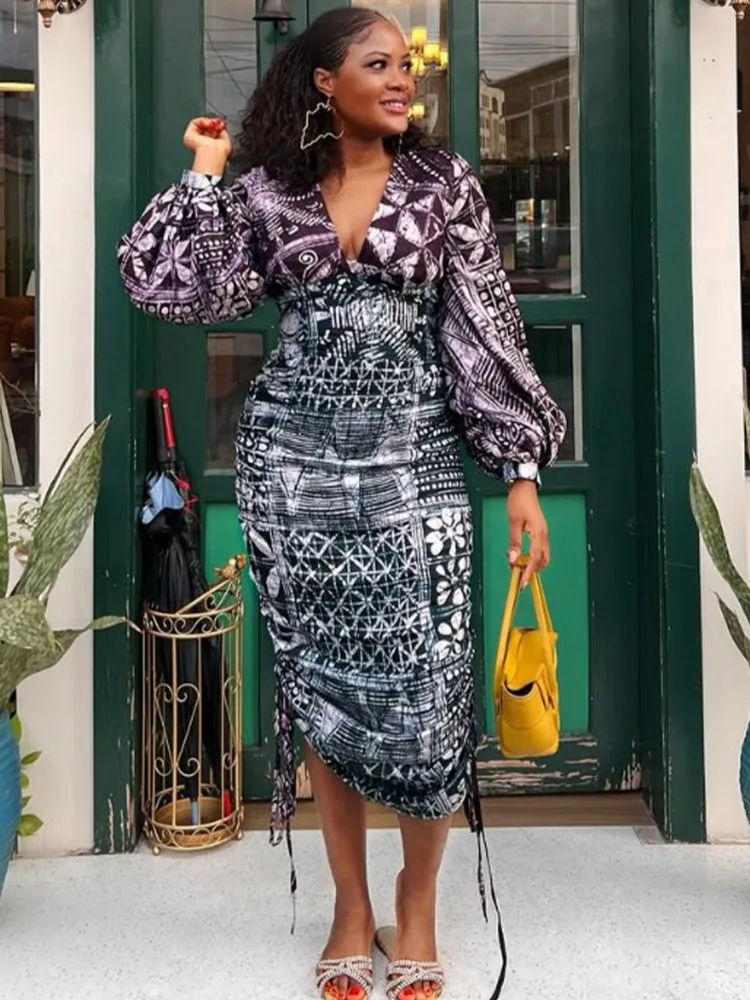 

Африканские платья для женщин, осенне-весенняя африканская одежда, сексуальное платье миди с длинным рукавом и v-образным вырезом, тонкое офисное женское вечернее платье миди
