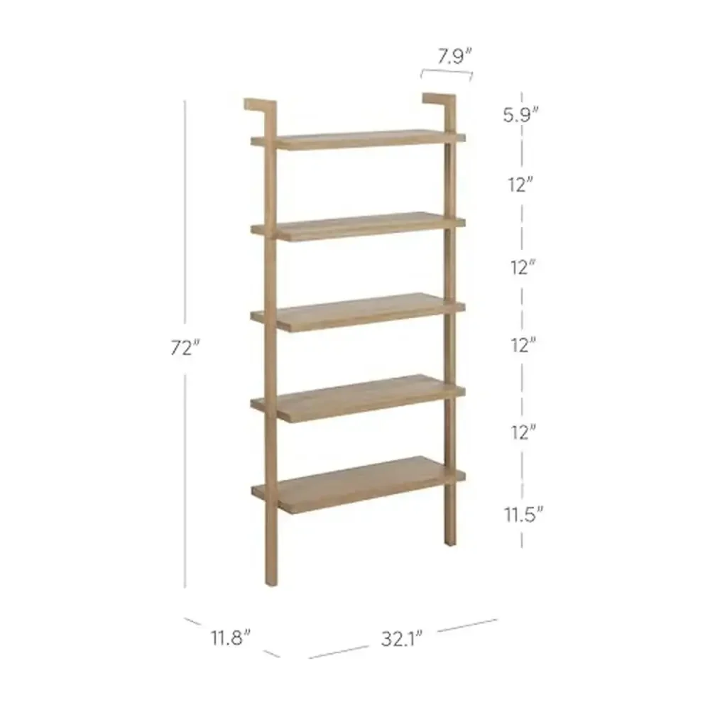 Estante de pared de madera rústico bohemio de 5 niveles montado para oficina, sala de estar, dormitorio, biblioteca, sala de juegos, estantería con escalera que ahorra espacio con sólido