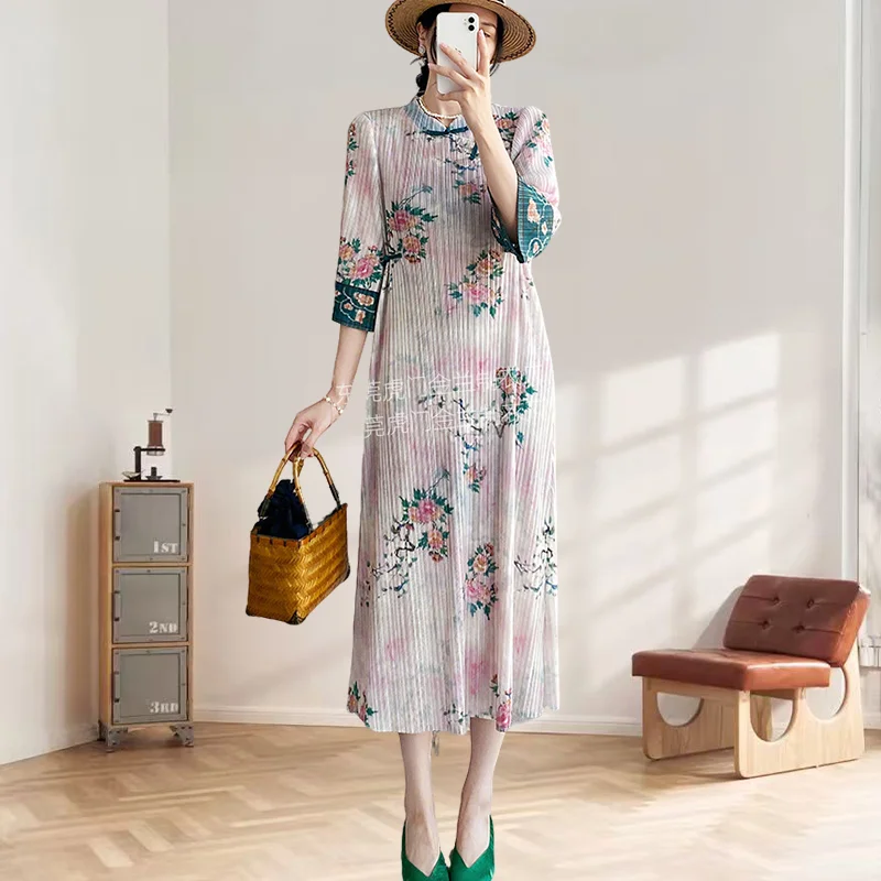 

Miyake Pleated Dresses Retro Literary Fold Dress Women 2025 Summer New Pleat Improved Cheongsam Dress Zen Tea Dress Clothing