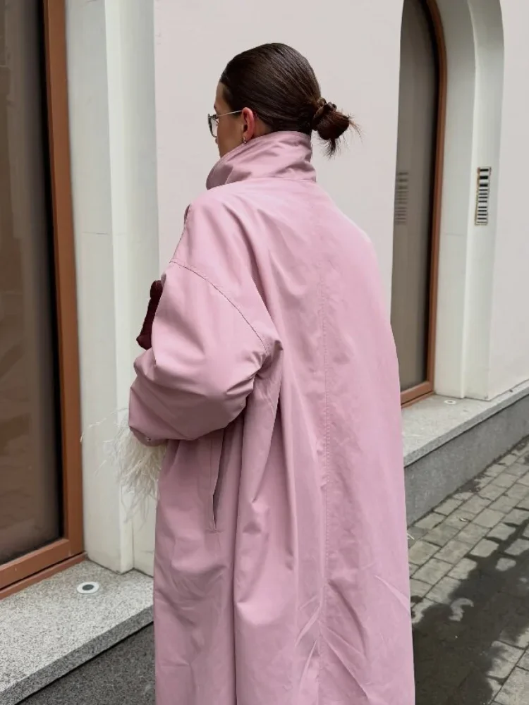 Damen Trenchcoat in Dusty Rose mit Stehkragen, Übergroße Maxi-Jacke mit Druckknopfleiste, Fallende Schultern, Leichter Loser Windbreaker – Detail 22