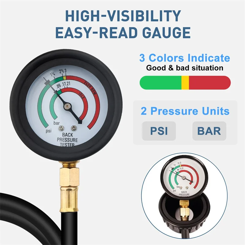 Exhaust Back Pressure Tester Kit HD Pressure Gauge 3.28 Feet Hose M12 M18 Adapters Automotive Engine Diagnostic Tool