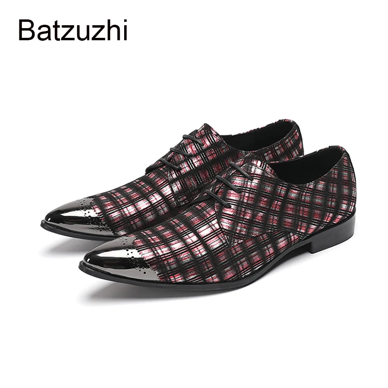 

Batzuzhi Italian Type Leather Dress Shoes Man Lace-up Ponted Toe Grid Leather Men's Business, Party and Wedding Footwear!