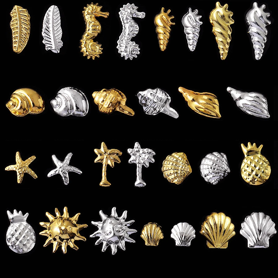 500PCS Gold Silver Metal Rivets Nail Art Studs Charms Conch Shell Hippocampus Starfish Design Accessories Manicure Supplies Set