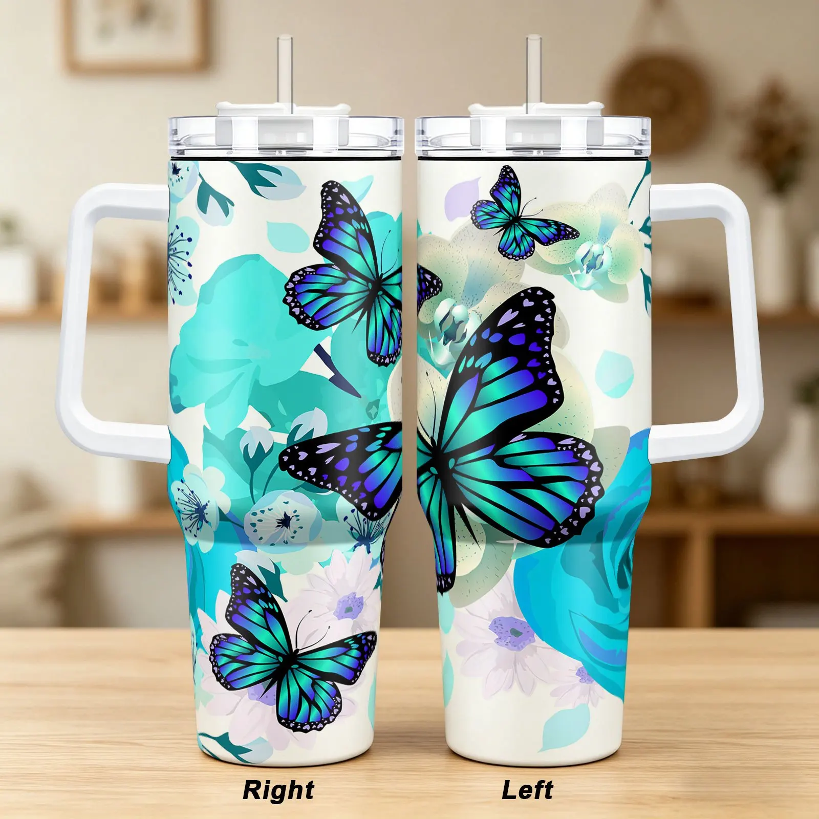 A 40oz Insulated Tumbler, Cold Drink Cup, and Mug with a Multi-color Handle, Lid, and Straw. Features a Blue Butterfly and Floral Pattern. Suitable for Home, Restaurants, Outdoor Sports, and Car Use. A Versatile Water Bottle, an Ideal Gift Choice