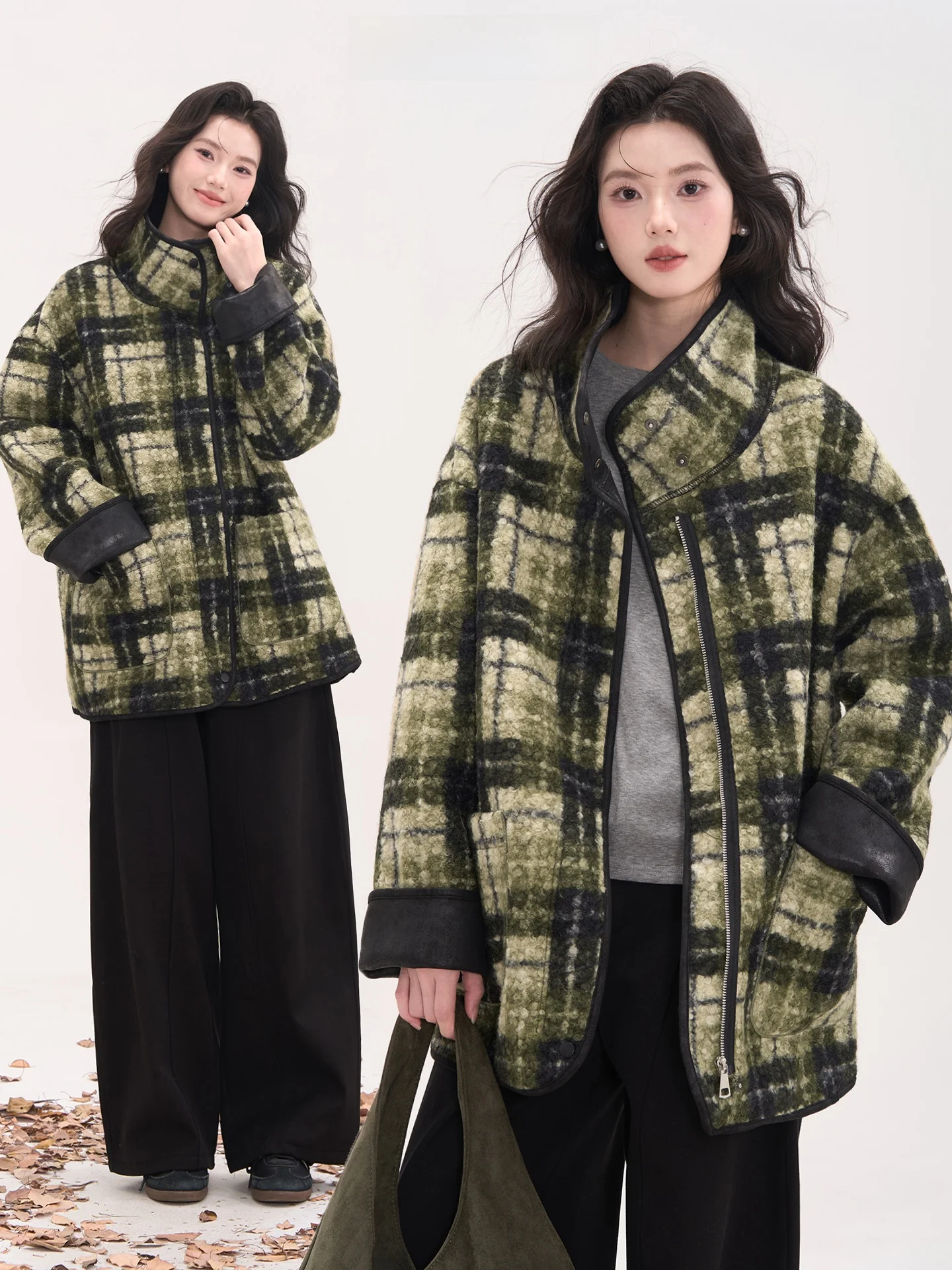 

Женское шерстяное пальто Heme Window Flower Field с мехом, осенне-зимнее, свободного кроя, в клетку, на молнии, повседневное, стильное