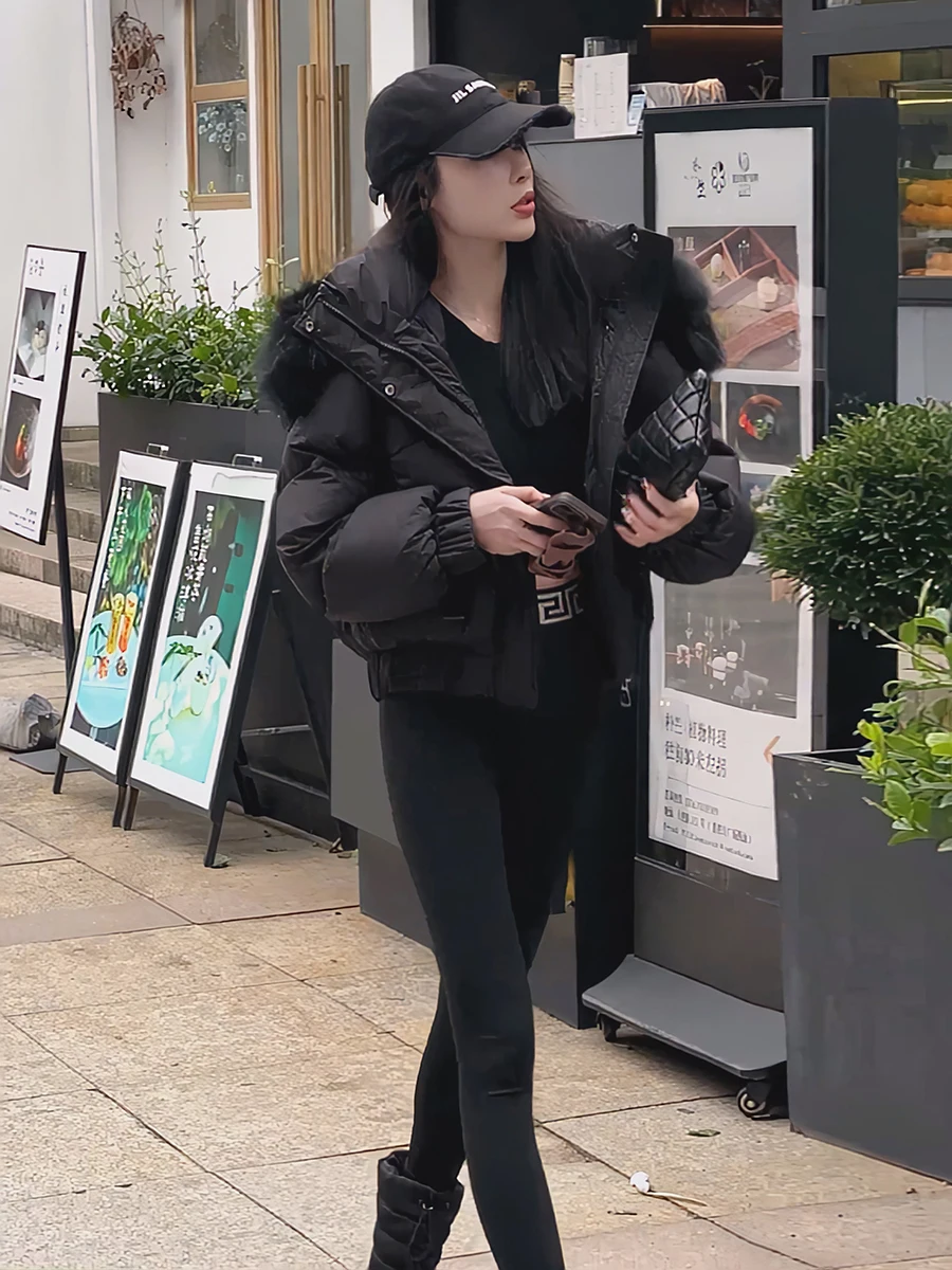 韓国製レディースダウンジャケット2025新作冬用厚手パンコートホワイトダウンアウターウェア帽子付きジッパー開閉